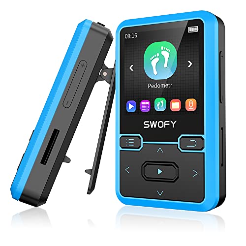 SWOFY MP3 Player Bluetooth 5.0 mit Sport Clip, 32GB Tragbarer Mini Musik Player mit Kopfhörer, FM Radio, Schrittzähler, Sprachaufzeichnung, Unterstützt bis 128GB SD Karte (Blau) von SWOFY