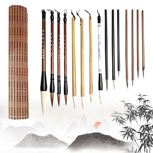 15 St. Chinesische Kalligraphie Kanji Pinsel Set, Kalligraphie Pinsel gemischte Größen Traditionelle Kalligraphie Stifte, Chinesische Schreibpinsel mit Stift Vorhang für Kunst Malerei Zeichnung von SWTHM