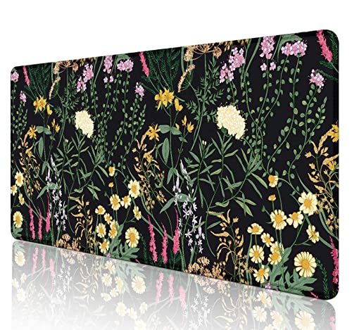 SXCKANG Botanical Colorful Flowers Gaming Desk Mat, Blooming Herb Floral Plants XXL Large Mouse Pad, Computer Mat for Desk, Accessory Decor Gift - 90 x 40 cm, Vintage Flowers Black von SXCKANG