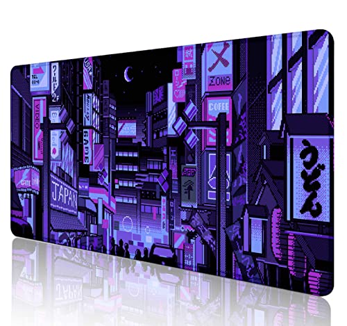 SXCKANG Dunkelviolett japanische Anime Schreibtischmatte, Retro Vaporwave großes Gaming Mauspad für Laptop Computer, XXL Skyline City Mousepad,31.5x15.7 Zoll von SXCKANG