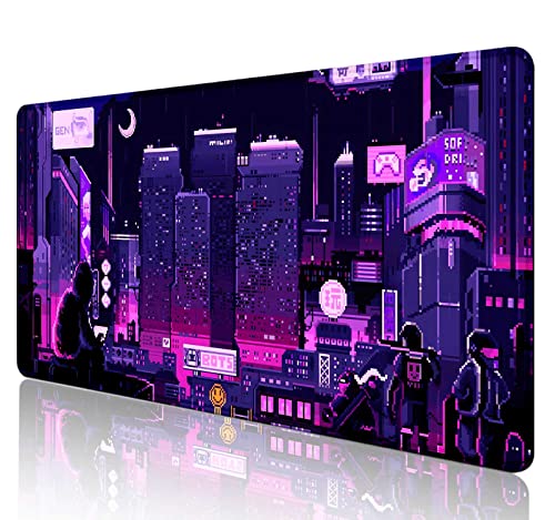 SXCKANG Purple Japanese Anime Große Mauspad für Schreibtisch, Neon Tokyo Street Pixel Art Schreibtischunterlage, Skyline City Schreibtischmatte, 31.5x15.7 Zoll Retro Vaporwave von SXCKANG