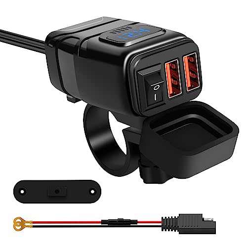 SYCEES USB Ladegerät Motorrad, QC 3.0 Dual USB Adapter Steckdose mit Schalter, LED Digital Voltmeter, Doppelstecker Buchse DC 12V für GPS, Sat NAV und Smartphone etc ... von SYCEES