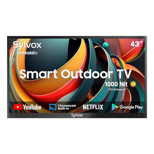 SYLVOX 1000 nits 43 Zoll Outdoor TV IP55 Wasserdicht, Smart Android TV 4K UHD, HDR 10 Dolby Audio Fernsehen, Sprachsuche, DTV&ATV, DVB-T/C/T2/S/S2 Chromecast HBBTV Bluetooth&WiFi Deck Pro Serie 2023 von SYLVOX