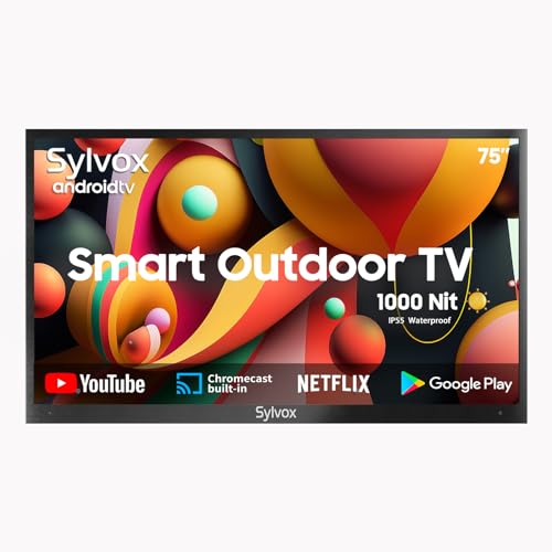 SYLVOX 1000 nits 75 Zoll Outdoor TV IP55 Wasserdicht, Smart Android TV 4K UHD, HDR 10,Dolby Audio Fernsehen, Sprachsuche, DTV&ATV, DVB-T/C/T2/S/S2 Chromecast HBBTV, Deck Pro Serie von SYLVOX