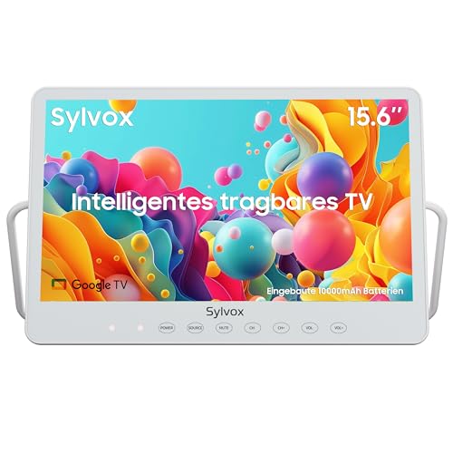 SYLVOX 15.6 Zoll Smart Tragbarer Fernseher 1080P FHD Google TV|wiederaufladbarer |DVB-C/T/T2/S2|USB-In|CI+|WLAN|Bluetooth|IP66 wasserdicht|Ausdauer 4-6 Stunden| Auto-Helligkeit von SYLVOX