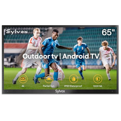 SYLVOX 65 Zoll Outdoor TV, IP55 wasserdicht, 1000Nits, 4K UHD HDR10, Smart Android TV mit Dolby Audio, DVB-T2/S2, HBBTV, Google Assistant Wetterfester Fernseher Für Terrasse, Garten, Geschäftsräume von SYLVOX