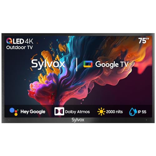SYLVOX 75 Zoll Outdoor TV, 4K UHD QLED Google Fernseher Quantum Dot Farbe, 2000 Nits, Sprachassistent, Dolby Atmos, IP55 Wasserdicht TV für Garten, Terrasse, Pool &Gewerberäume(Pool Pro 2.0 QLED) von SYLVOX