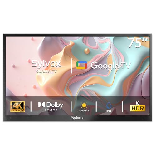 SYLVOX Outdoor TV, 75 Zoll Smart TV wasserdichte draußen Fernseher, 4K Fernseher für draußen, Unterstützung Google Assistant, Bildschirmspiegelung, 1000 nits Helligkeit Partial Sun (Deck Pro 2.0) von SYLVOX