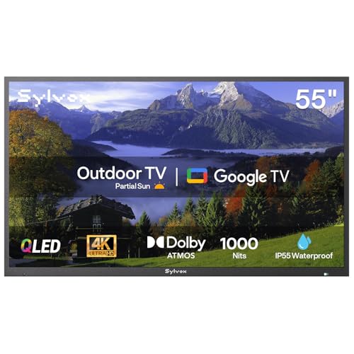 SYLVOX 55 Zoll Outdoor TV, Smart QLED Google Fernseher, IP55 Wasserdicht Fernseher, 4K UHD, Dolby Atmos, Support Google Assistant, Voice Assistant, 1000 nits Partial Sun Außenbereich TV (2024 Model) von SYLVOX