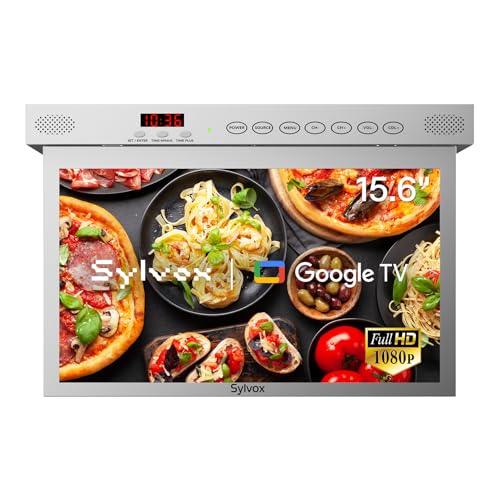 SYLVOX Fernseher für Küche, 15,6 Zoll Faltbarer Küchenfernseher mit Drehung, Google TV Unterstützung WiFi Bluetooth, 1080P Smart TV für Küche, Schlafzimmer, Wohnmobil，RV Yacht (Silber) von SYLVOX