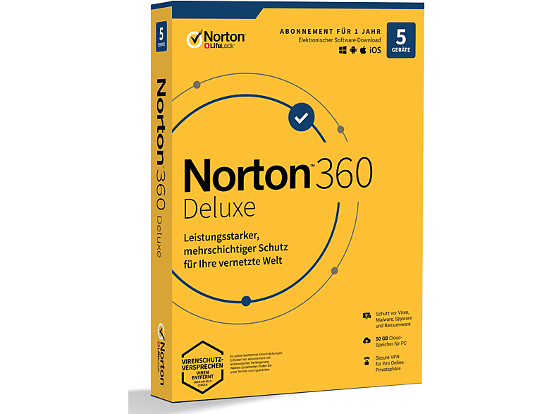 Norton 360 Deluxe - 1 Benutzer 5 Geräte Jahr 50GB Cloud-Speicher (PC, iOS, MAC, Android) [PC] von SYMANTEC