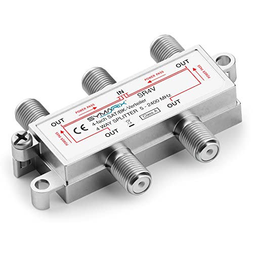 SYMARIX SR4V SAT & BK - 4-Fach Verteiler mit DC-Durchlass - UHD - Einkabel/SCR/Unicable tauglich - Splitter/Weiche - für - DVB-S2 - BK - DVB-T2 - UKW/DAB - voll geschirmt Schirmungsmaß ≥ 110 dB von SYMARIX