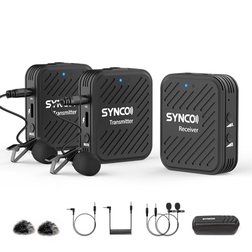 SYNCO G1(A2) 2,4GHz Lavalier Funkmikrofon, Kabellos Ansteckmikrofon System, Wireless Microphones Mics bis zu 70m, Audioüberwachung 2 Transmitter 1 Empfänger für Kamera Smartphone Laptop DSLR Camcorder von SYNCO