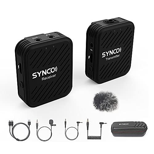 SYNCO G1 (A1) 2.4G drahtloses Mikrofon mit 1 Sender + 1 Empfänger +1 Lavalier-Mikrofon mit 3,5 mm -Stecker 70 m Reichweite Eingebauter 400-mAh Akku für Smartphone Vlog Camcorder von SYNCO