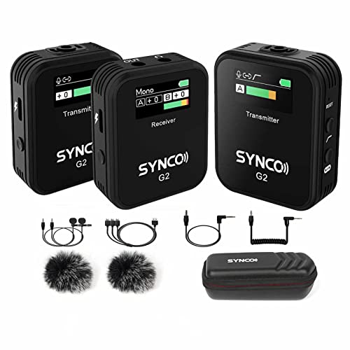 SYNCO G2(A2) Lavalier Mikrofon 150M Reichweite 2,4G Drahtloses Mikrofonsystem mit 1 Empfänger + 2 Sendern + 2 Lavalier-Mikrofonen TFT-Bildschirm 3,5-mm-Stecker für Smartphone-Kamera Vlog Camcorder von SYNCO