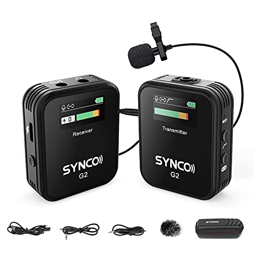 SYNCO G2 A1 2,4GHz Lavalier Mikrofon Wireless mit TFT Bildschirm, Ansteckmikrofon Kabellos bis zu 70m für Kamera Smartphone DSLR Camcorder Canon, Sony, Nikon, Funkmikrofon-Ansteckmikrofon-Kabellos von SYNCO