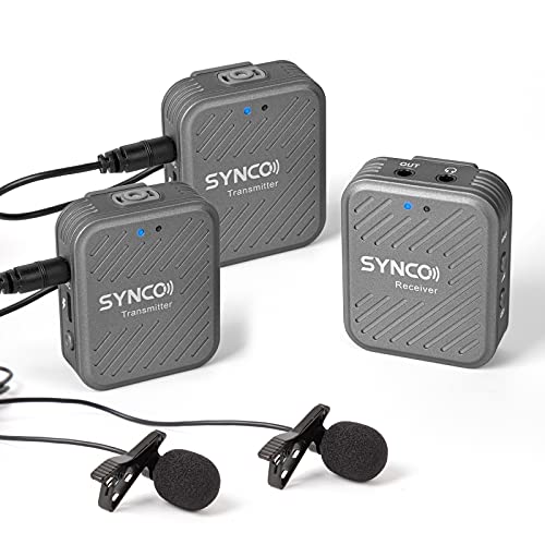 SYNCO Lavalier Funkmikrofon G1(A2), 2,4GHz Kabellos Ansteckmikrofon System, Wireless Microphone Mics bis zu 50m, Audioüberwachung 2 Transmitter 1 Empfänger für Kamera Smartphone Laptop DSLR Camcorder von SYNCO