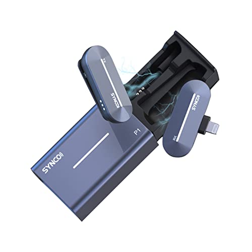 SYNCO P1L Lavalier Mikrofon 50 m Reichweite mit Clip-on-Sender + Mini-Empfänger + Kabellosem Ladekoffer Eingebauter Akku Kompatibel mit iPhone iPad für Vlog Live-Streaming Interview von SYNCO