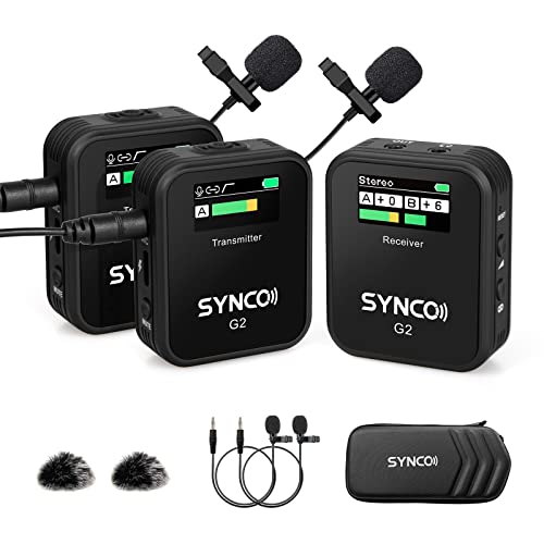 SYNCO Wireless Lavalier Mikrofon, G2(A2) 2.4G Dual Kabellos Ansteckmikrofon 200m 8H für Vlog Livestream YouTube Kabelloses Mikrofon für Kamera von SYNCO