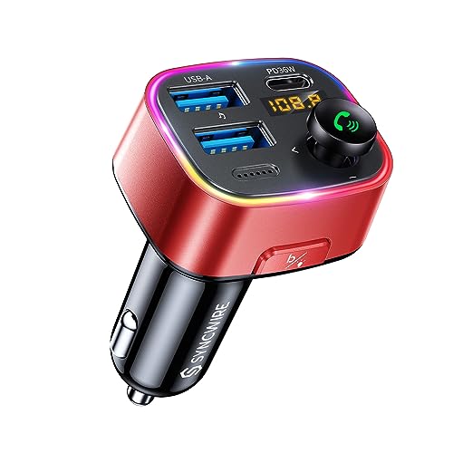 SYNCWIRE Bluetooth 5.3 FM-Transmitter-Autoladegerät 48W (PD 36W &12W) Dualer USB-Anschluss Ladegerät KFZ-Adapter, Kabelloser Radio, LED-Display, Unterstützung 64GB USB-Laufwerk, Lichtschalter, Rot von SYNCWIRE