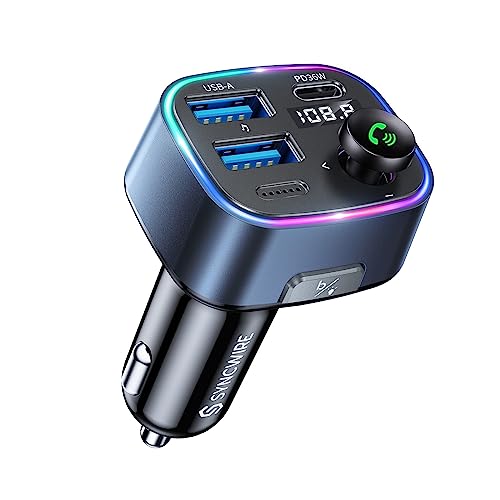 SYNCWIRE Bluetooth 5.3 FM-Transmitter-Autoladegerät 48W (PD 36W &12W) Dualer USB-Anschluss Ladegerät KFZ-Adapter, Kabelloser Radio, LED-Display, Unterstützung 64GB USB-Laufwerk, Lichtschalter, Blau von SYNCWIRE