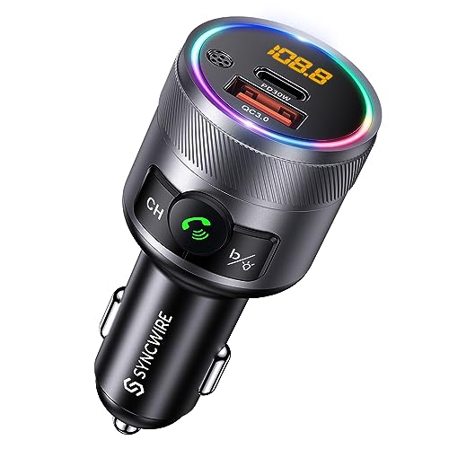 SYNCWIRE Bluetooth 5.3 FM-Transmitter für das Auto, 48W Max PD & QC 3.0 Schnelllade-Autoladegerät , Kabelloser Radio-Adapter, Deep-Bass-Musikplayer, Freisprechen, Buntes LED-Licht von SYNCWIRE