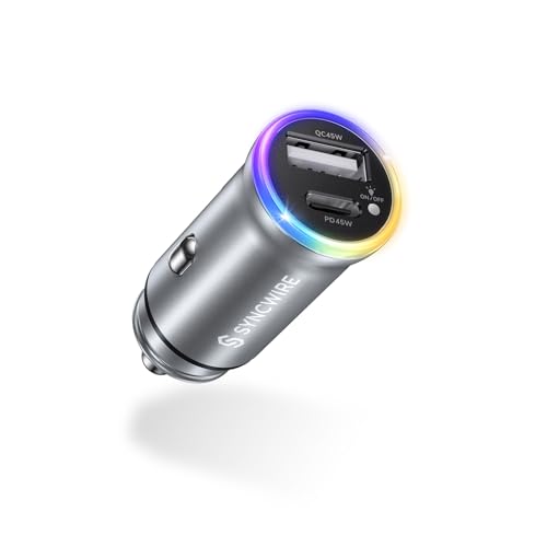 SYNCWIRE USB-C-Autoladegerät [PD45W & QC45W] Zigarettenanzünder USB Typ-C Ladegerät Buntes RGB-Autoadapter Schnellladung Kompatibel mit iPhone 15 Pro Max 14 13 12 11, Samsung S23, Google, Silber von SYNCWIRE