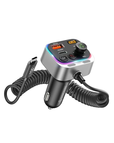 Syncwire Bluetooth 5.3 FM-Transmitter Auto-Adapter, 66W PD QC 3.0 Autoladegerät mit USB-C Spiralkabel, Kabelloser FM-Radioadapter, Starke Mikrofone & Bass HiFi-Sound, Freisprechanruf, Lichtschalter von SYNCWIRE