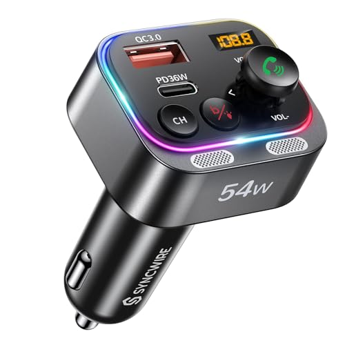Syncwire Bluetooth 5.4 FM Transmitter Auto Ladegerät 54W PD&QC3.0 USB C Auto Adapter [Schnellladung] [Stärkere Dual-Mikrofone & HiFi-Basston] [Lichtschalter] Kabelloser Radio Freisprechanlage von SYNCWIRE