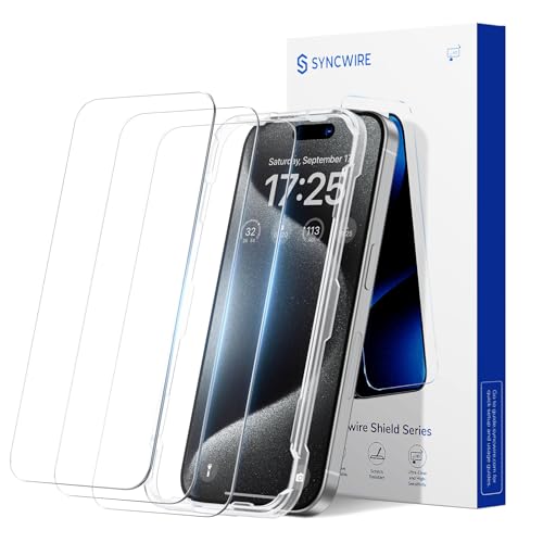 Syncwire Displayschutzfolie für iPhone 15 Pro, Bruchsicheres Gehärtetes Glas [Einfache Installationsrahmen] [9H Härte] [99,99% HD Klar] [Hüllenfreundlich] [Blasenfrei] für Apple iPhone 6,1 Zoll,3 Pack von SYNCWIRE