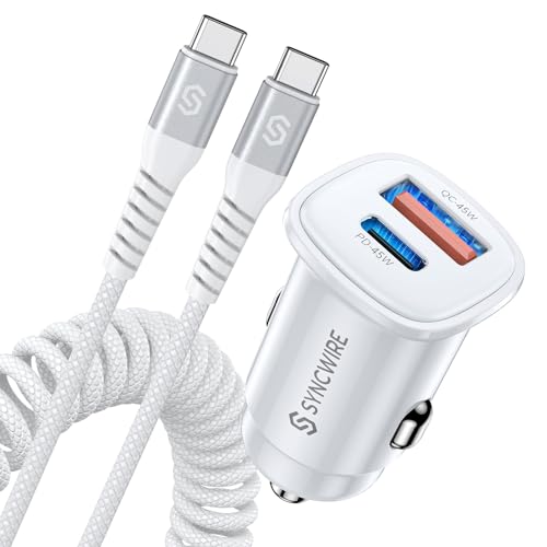 Syncwire USB-C-Autoladegerät [PD 45W & QC 45W] Schnellladegerät fürs Auto USB-Autoladegerät-Adapter mit Feder-Typ-C-Kabel, Kompatibel mit iPhone 15/15 Pro Max, Samsung S23/S22, Google Pixel 7 usw. von SYNCWIRE