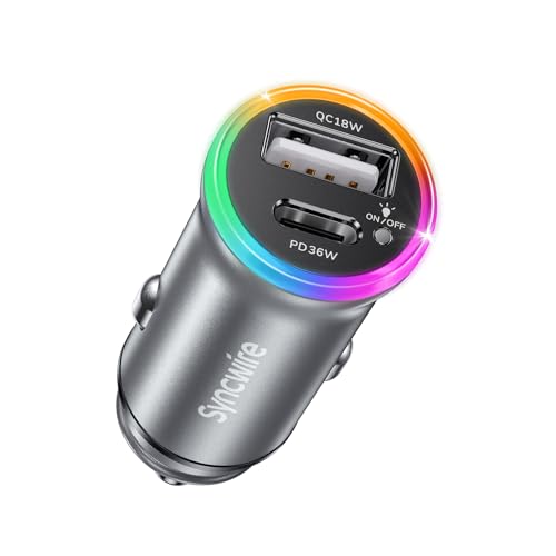 SYNCWIRE Zigarettenanzünder USB 54W 2-Port [PD36W+QC18W] [Regenbogenlichtschalter] [Metallgehäuse] Auto Ladegerät für iPhone 15 Pro Max 14 13, Samsung, Google Pixel von SYNCWIRE
