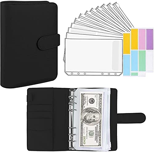 A6 Ordner, A6 Binder Budget Notizbuch, nachfüllbar Notebook Binder, 12 Stück transparente PVC-Umschläge Taschen, Geld Organizer für Bargeld mit Etiketten-Aufklebern von SZCLKJGS