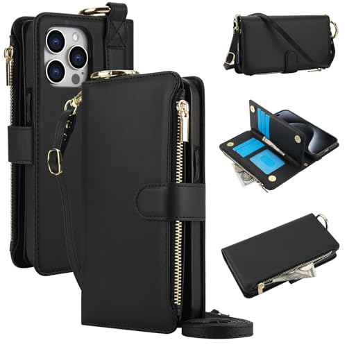 Kompatibel mit iPhone 15 Pro Max, Crossbody-Schutzhülle mit Ring, Handgelenkschlaufe, Umhängeband, für Damen, 6 Kartenfächer, Brieftasche, 17,5 cm (6,7 Zoll), Kunstleder, RFID-blockierend (Schwarz, IP von SZHAIYU