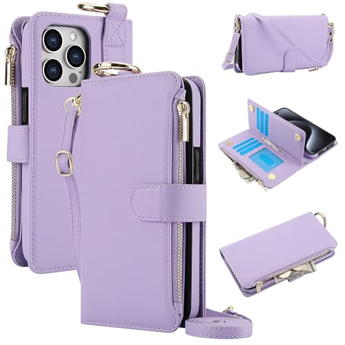 Kompatibel mit iPhone 15 Pro Max, Crossbody-Schutzhülle mit Ring, Handschlaufe, Umhängeband für Damen, 6 Kartenfächer, Brieftasche, 17,5 cm (6,7 Zoll), Klappetui, Kunstleder, RFID-blockierend von SZHAIYU