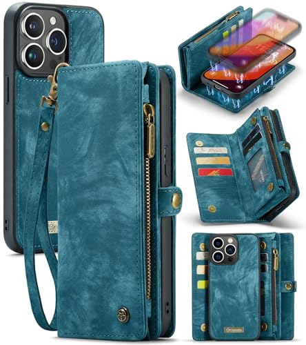 SZHAIYU 2-in-1, abnehmbar, kompatibel mit iPhone 15 Pro Max Wallet Case mit Kartenhalter, Retro-Premium-Lederhülle, magnetischer Reißverschluss, Handyhüllen 16,7 cm (6,7 Zoll) (blau, IP 15 Pro Max) von SZHAIYU