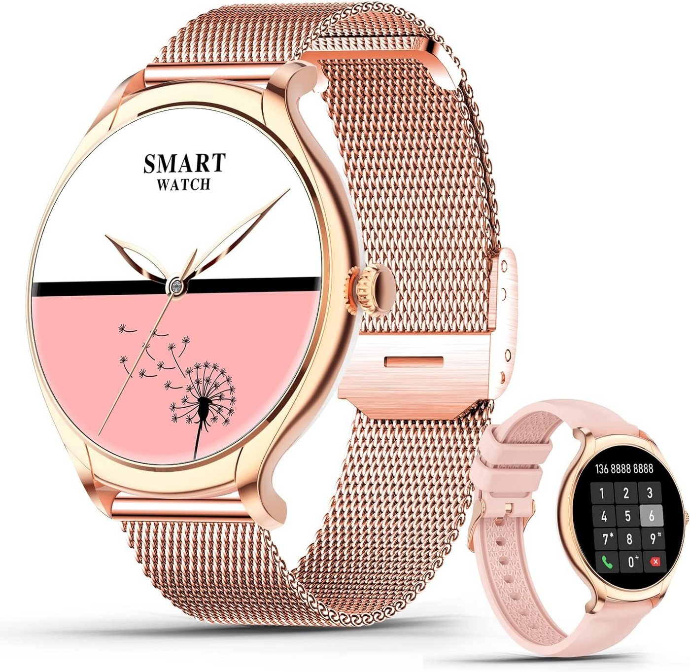 SZHELEJIAM Smartwatch (1,39 Zoll, Android iOS), mit Telefonfunktion Armbanduhr Damenuhr Rund 128 Sportmodi Fitnessuhr von SZHELEJIAM