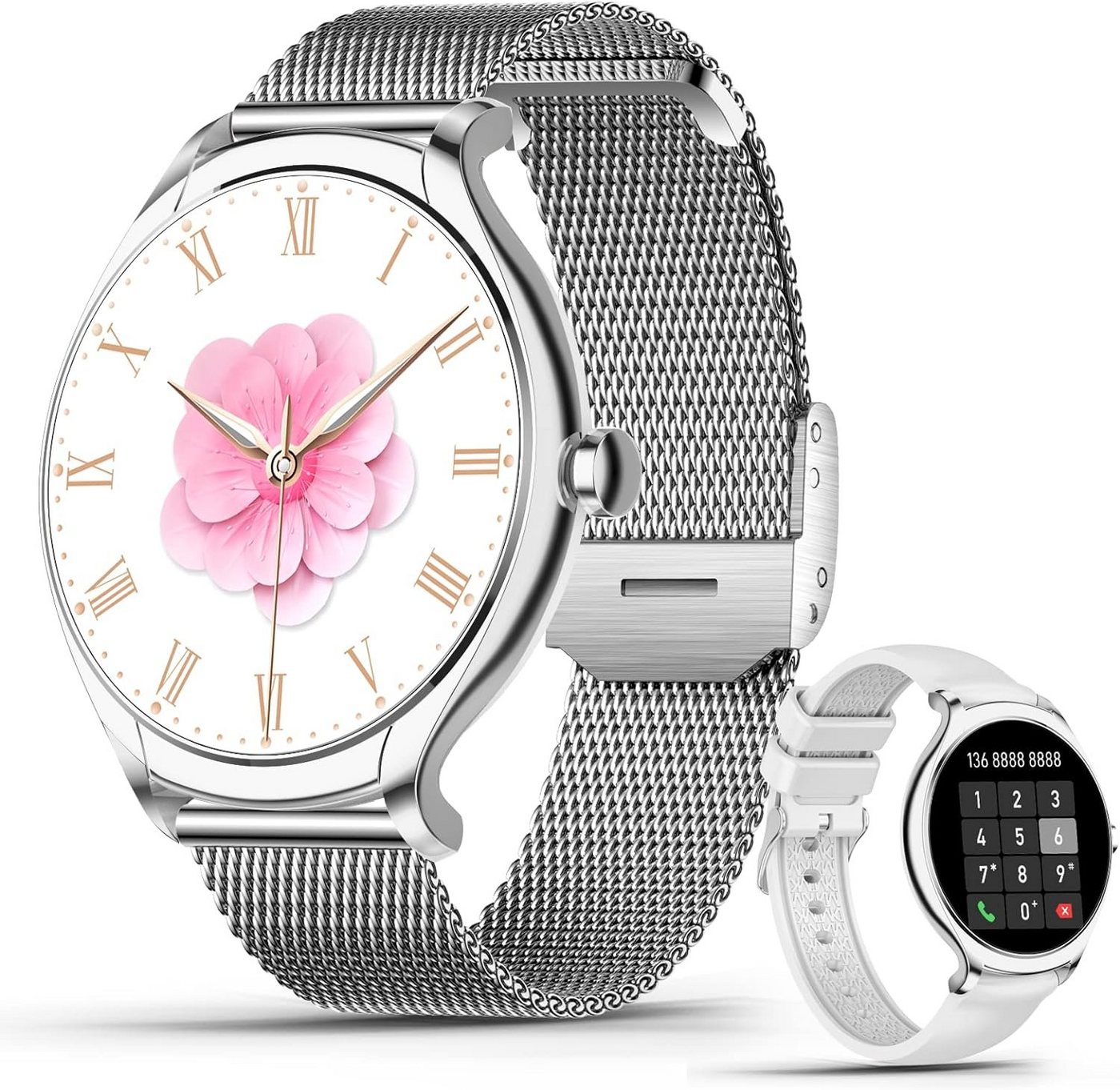 SZHELEJIAM Smartwatch (1,39 Zoll, iOS Android), mit Telefonfunktion Armbanduhr Damenuhr Rund 128 Sportmodi Fitnessuhr von SZHELEJIAM