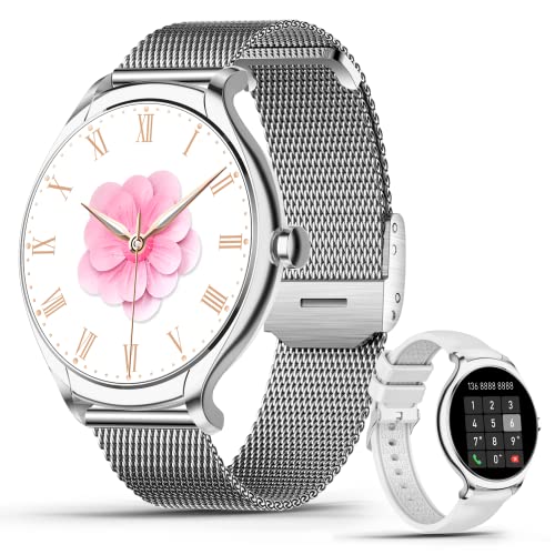 SZHELEJIAM Smartwatch Damen mit Telefonfunktion, Fitnessuhr Damen Rund mit Pulsmesser Schlafmonitor SpO2 Schrittzähler 128 Sportmodi Digitale Armbanduhr Smart Watch Damenuhr für iOS Android Silber von SZHELEJIAM