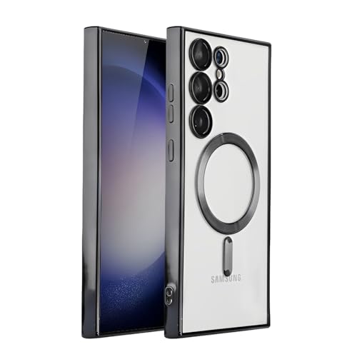 Hülle für Samsung Galaxy S23 Ultra 6.8" [mit Kameraschutz], Magnetisch mit MagSafe Clear Handyhülle,Nie Vergilbung Premium TPU Dünne Weiches Silikon Stoßfest Case (Schwarz) von SZJLDS