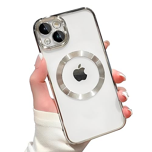 Hülle für iPhone 14 Plus [mit Kameraschutz], Clear Magnetisch mit MagSafe Handyhülle,Clear Nie Vergilbung TransparentDünne Weiches Silikon Stoßfest Case Schutzhülle +1 Schutzfolie (Silber) von SZJLDS