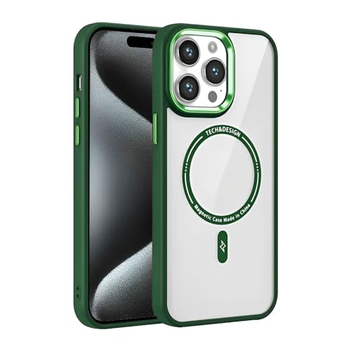 SZJLDS Hülle Kompatibel mit iPhone 15 Pro Max, Transparente [Nie Vergilbung] Handyhülle Kompatibel mit Magsafe, Stoßfest Militärschutz Schutzhülle Metallrahmen Kameraschutz Klar Case (Grün) von SZJLDS
