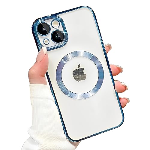 SZJLDS Hülle für iPhone 14 Plus [mit Kameraschutz], Clear Magnetisch mit MagSafe Handyhülle,Clear Nie Vergilbung TransparentDünne Weiches Silikon Stoßfest Case Schutzhülle +1 Schutzfolie (Blau) von SZJLDS