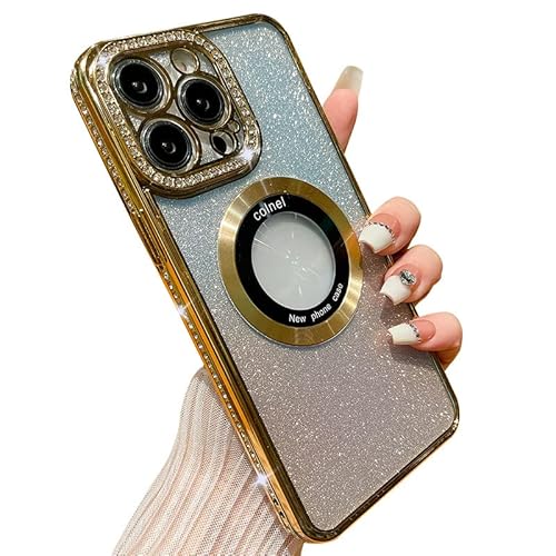 SZJLDS Hülle für iPhone 14 Pro Max [Kompatibel mit Magsafe][Luxuriöse Glitzer-Strass-Bling][Nie Vergilbend] Transparent Handyhülle,Weiche Premium TPU Stoßfest Schutzhülle Silikon Case (Gold) von SZJLDS