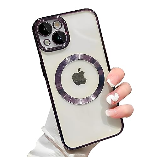 SZJLDS Hülle für iPhone 14 [mit Kameraschutz], Clear Magnetisch mit MagSafe Handyhülle,Clear Nie Vergilbung TransparentDünne Weiches Silikon Stoßfest Case Schutzhülle +1 Schutzfolie (Lila) von SZJLDS