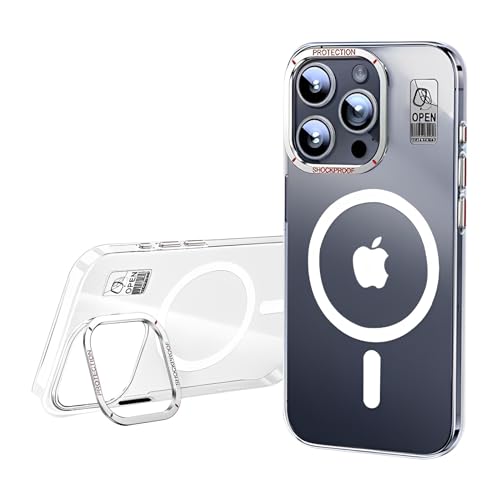 SZJLDS Hülle für iPhone 15 Pro Max Kompatibel mit MagSafe, Transparent Anti-vergilbung Handyhülle mit Kamera Metall Ständer, Sturzsfest Schutzhülle Clear Crystal Case (Durchsichtige) von SZJLDS