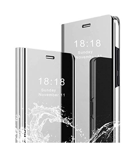 MLOTECH Hülle für Samsung Galaxy A34 5G Handyhülle mit Gehärtetes Glas schutzfolie Flip Transluzent View Miroir Cover Anti-Schock Spiegel Standfunktion Schutzhülle Silber von SZMLOGB