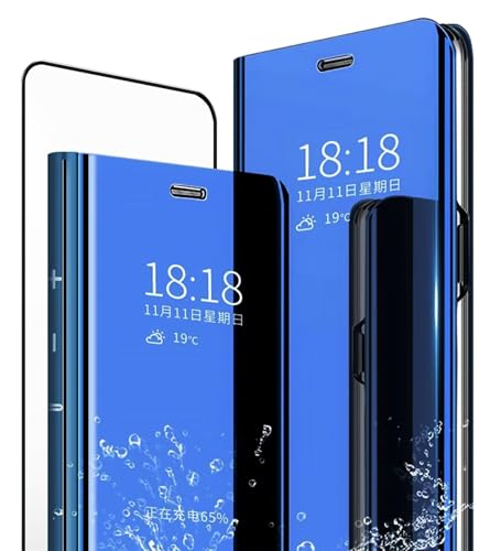 MLOTECH Kompatibel Samsung Galaxy S21 Hülle,Handyhülle + Gehärtetes Glas schutzfolie Flip Transluzent View Miroir Cover Anti-Schock Spiegel Standfunktion Schutzhülle Himmelblau von SZMLOGB