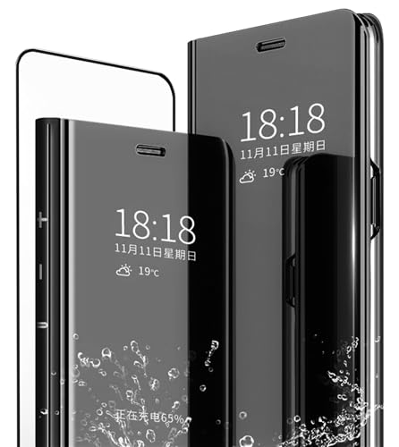 MLOTECH Kompatibel Samsung Galaxy S21 Hülle,Handyhülle + Gehärtetes Glas schutzfolie Flip Transluzent View Miroir Cover Anti-Schock Spiegel Standfunktion Schutzhülle Schwarz von SZMLOGB