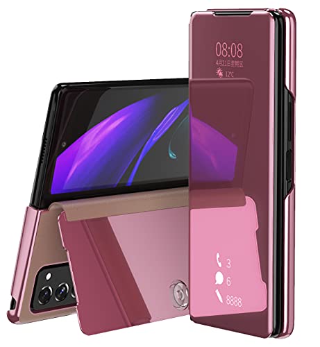 SZMLOGB MLOTECH Kompatibel Samsung Galaxy Z Fold 2 5G Hülle Handyhülle + Schutzfolie Flip Transluzent View Miroir Cover Anti-Schock Spiegel Standfunktion Schutzhülle Roségold von SZMLOGB